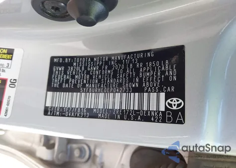 2014 Toyota Corolla Le Plus z USA, uszkodzony, nr VIN 5YFBURHE0EP042733